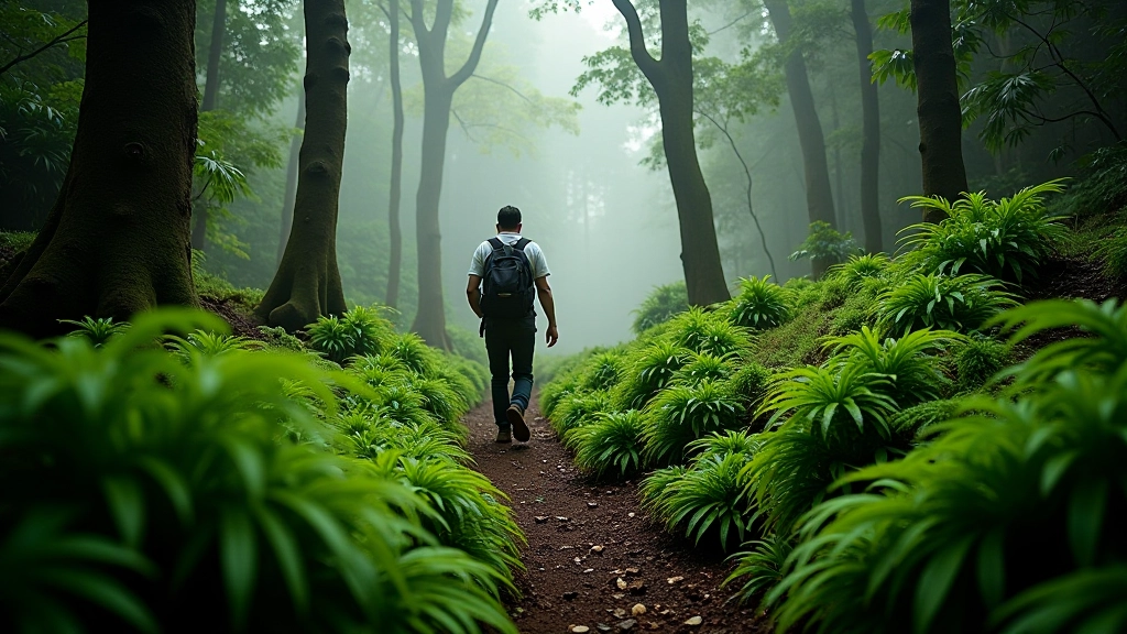 Caminante con postura segura en sendero del bosque nuboso