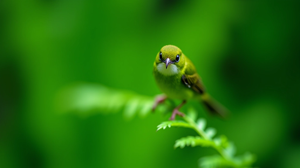 Pequeño ave tropical verde brillante encaramada en rama de helecho, fotografía cercana con fondo borroso de follaje denso, luz natural suave del bosque nuboso