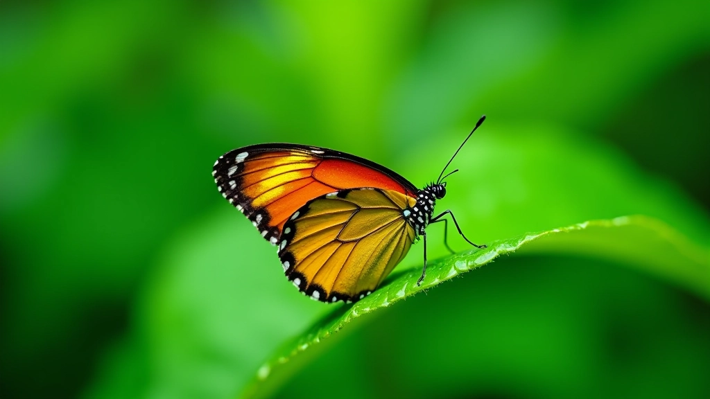 Mariposa colorida posada en hoja verde, flora del bosque nuboso de Maricao