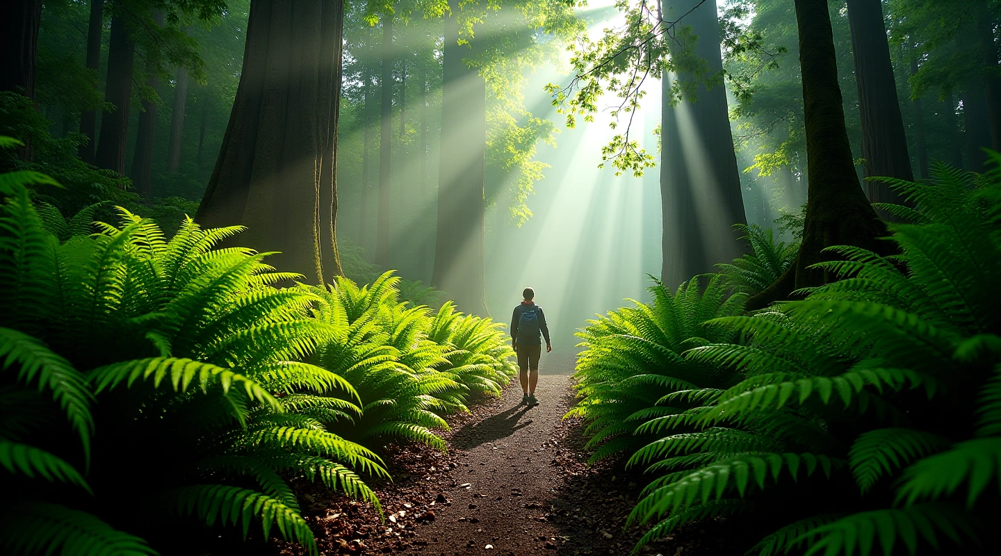 Exuberante bosque nuboso con helechos gigantes, luz suave filtrándose entre el follaje denso, sendero estrecho bordeado de vegetación verde vibrante, ambiente húmedo y tranquilo del Bosque Estatal de Maricao
