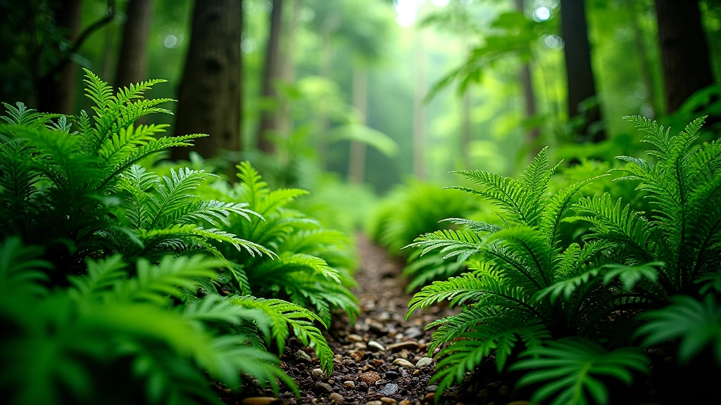 Flora del bosque nuboso: helechos tropicales, plantas epífitas, musgos verdes, composición de naturaleza detallada, luz filtrada