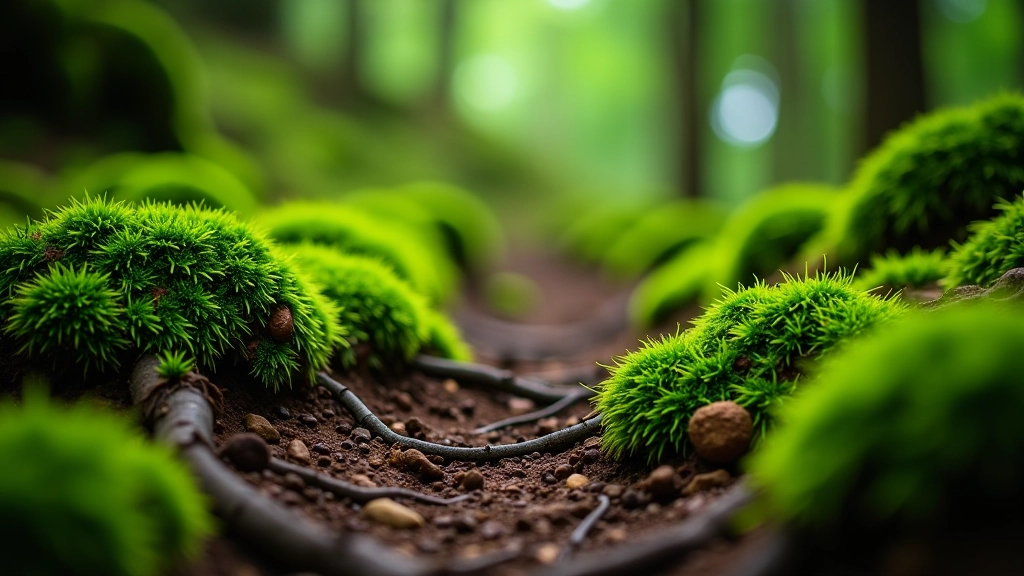 Detalle del suelo del bosque con raíces, musgo verde y hojas caídas en sendero bien definido