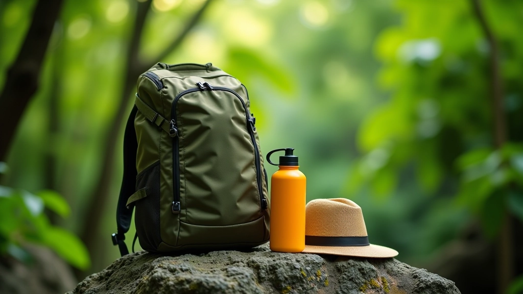 Mochila pequeña de senderismo con botella de agua, gorro y bloqueador solar sobre roca del bosque