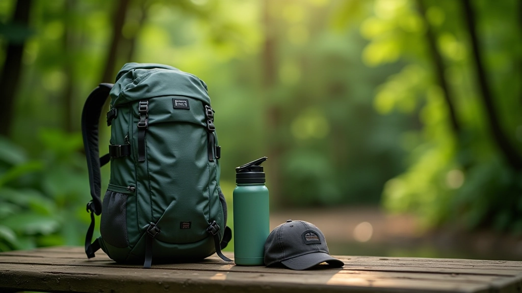 Mochila de senderismo con botella de agua, gafas de sol y lista de empaque sobre fondo de bosque