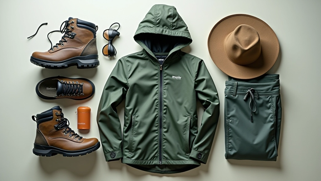 Equipo de senderismo completo: botas de trekking, chubasquero compacto, gorra de ala ancha, pantalones de montaña, todo organizadamente presentado, iluminación clara