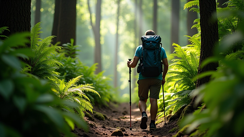 Bastones de trekking apoyados contra árbol de helecho, equipo de descanso en bosque nuboso, ambiente sereno