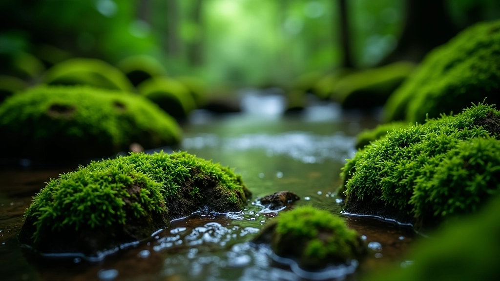 Detalle de flora del bosque nuboso, musgo verde vibrante cubriendo rocas junto a arroyo, gotas de agua sobre plantas, ambiente fresco y húmedo