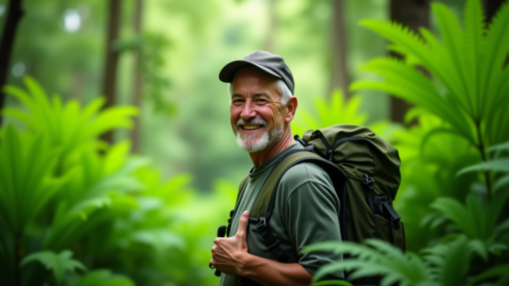 Persona mayor sonriendo en el bosque rodeada de helechos altos y luz verde filtrada por el dosel