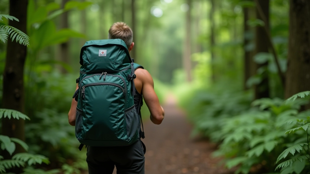 Mochila organizada con lista de empaque completa para senderismo en bosque nuboso