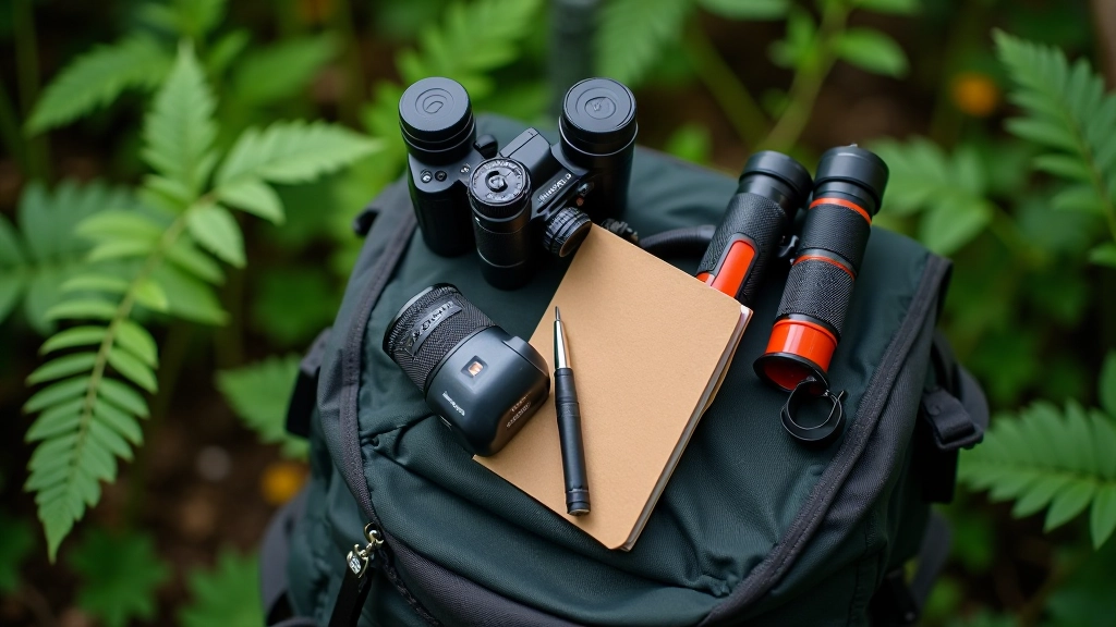 Accesorios opcionales de senderismo: prismáticos compactos, cámara, bastones de trekking, organizados sobre mochila, composición overhead, luz natural