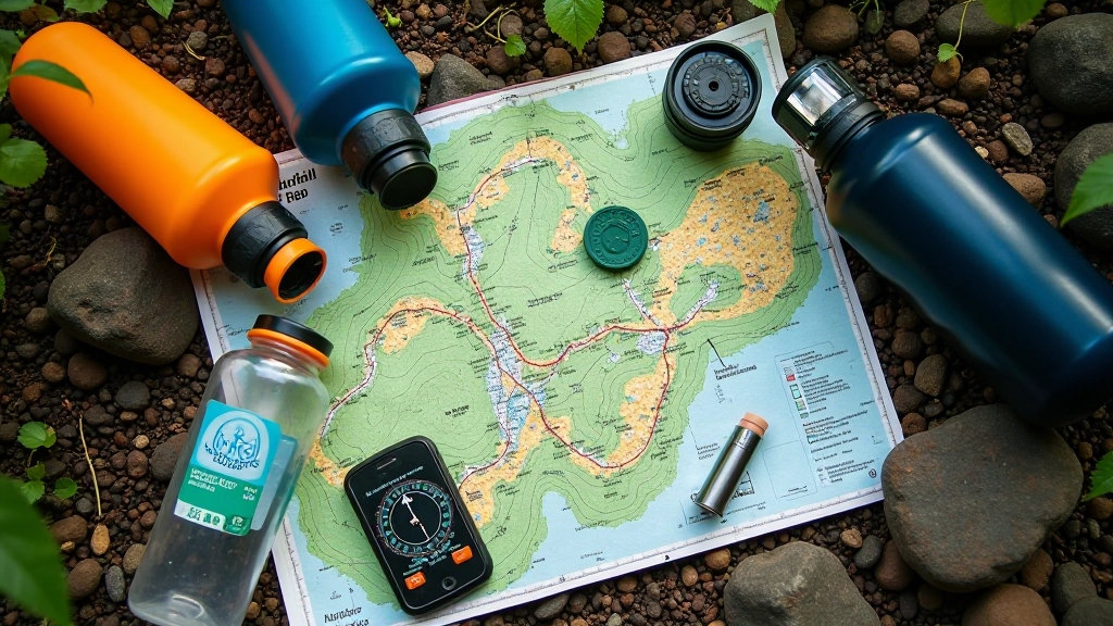 Botella de agua y brújula sobre mapa topográfico del sendero, equipo de seguridad organizado, luz cenital clara