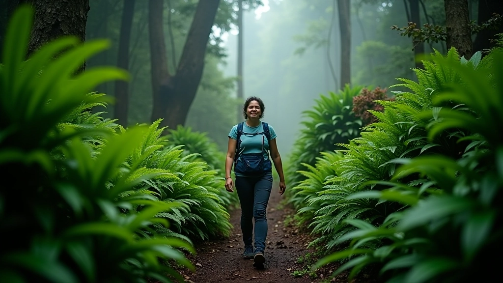 Sendero de montaña mojado rodeado de vegetación, persona caminando cuidadosamente por terreno resbaladizo