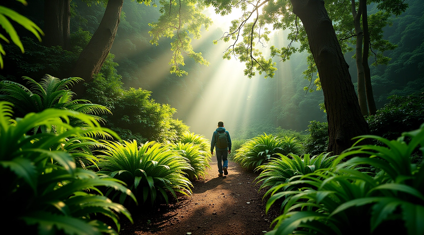 Sendero seguro en bosque nuboso con helechos y vegetación exuberante, luz natural filtrada entre árboles